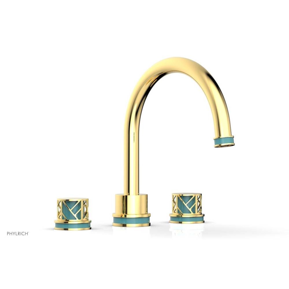 Polished Gold Jolie 3-Hole Deck Tub Filler With Gooseneck Spout, Round Cutaway Handles, And Turquo