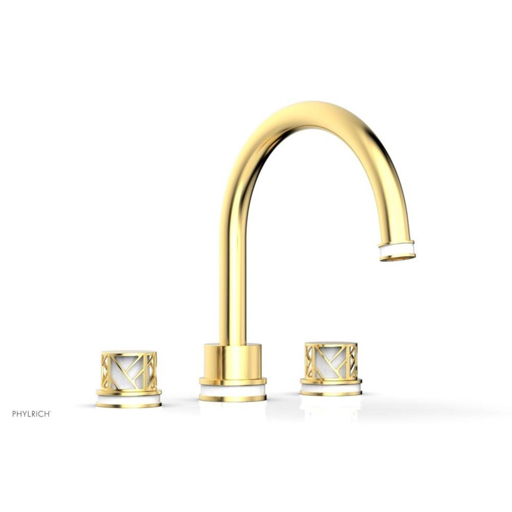 Satin Gold Jolie 3-Hole Deck Tub Filler With Gooseneck Spout, Round Cutaway Handles, And Gloss Whi