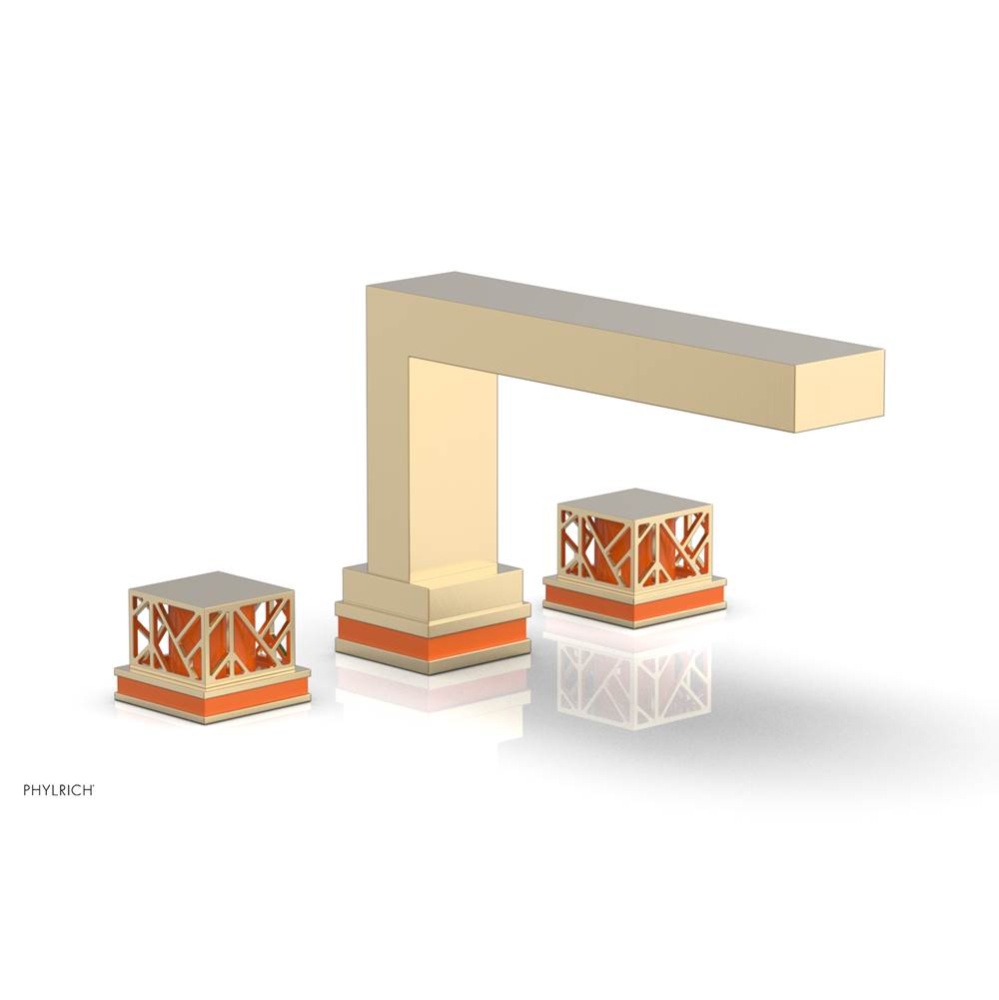 Satin Brass Jolie 3-Hole Deck Tub Filler With Rectangular Spout, Square Cutaway Handles, And Orang