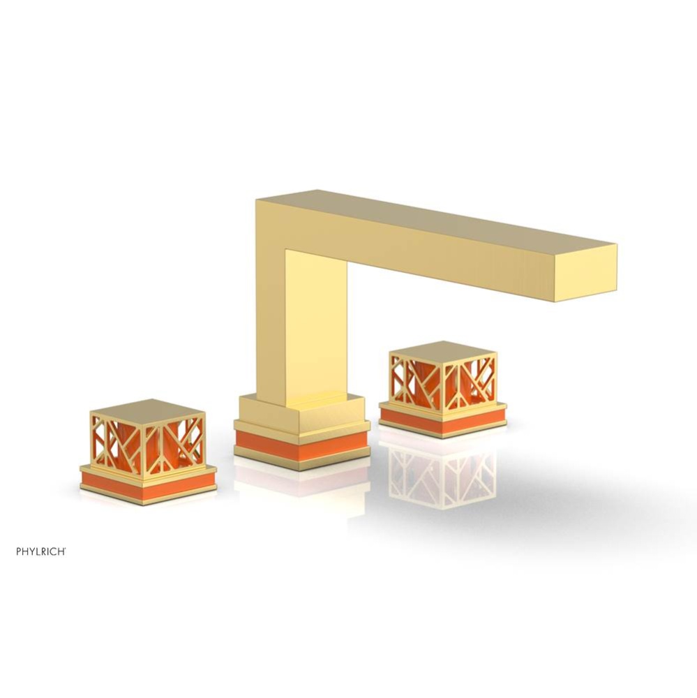Satin Gold Jolie 3-Hole Deck Tub Filler With Rectangular Spout, Square Cutaway Handles, And Orange