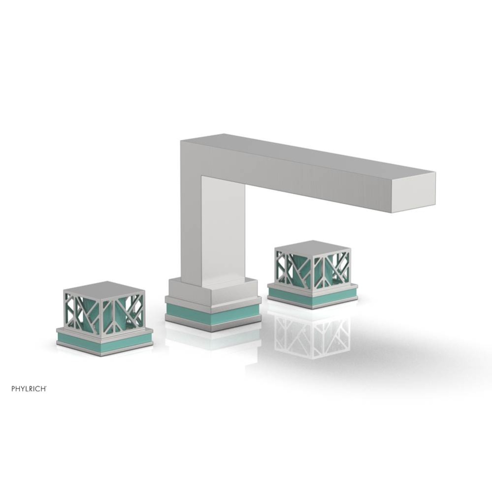 Satin Chrome Jolie 3-Hole Deck Tub Filler With Rectangular Spout, Square Cutaway Handles, And Turq