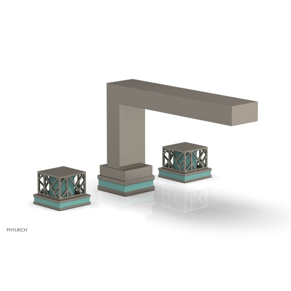 Pewter Jolie 3-Hole Deck Tub Filler With Rectangular Spout, Square Cutaway Handles, And Turquoise