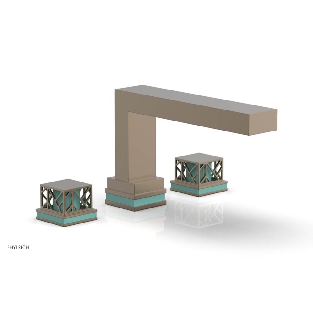 Antique Brass Jolie 3-Hole Deck Tub Filler With Rectangular Spout, Square Cutaway Handles, And Tur