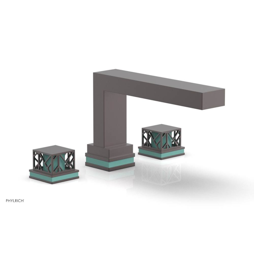 Weathered Copper Jolie 3-Hole Deck Tub Filler With Rectangular Spout, Square Cutaway Handles, And