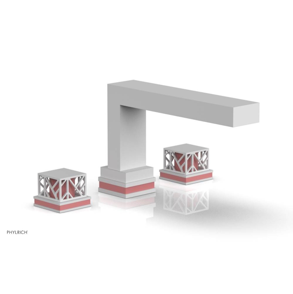 Satin White Jolie 3-Hole Deck Tub Filler With Rectangular Spout, Square Cutaway Handles, And Pink