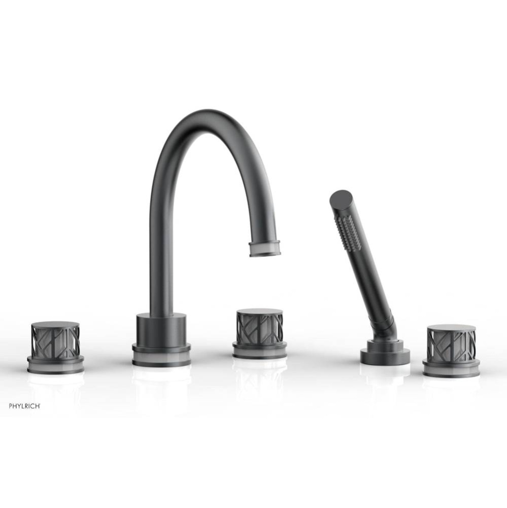 Gunmetal Gray Jolie 5-Hole Deck Tub Filler With Gooseneck Spout, Round Cutaway Handles, And Grey A
