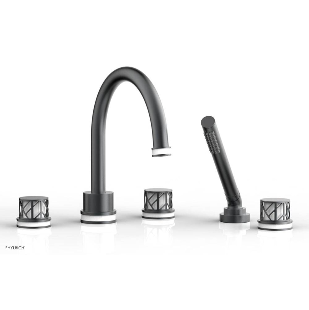 Gunmetal Gray Jolie 5-Hole Deck Tub Filler With Gooseneck Spout, Round Cutaway Handles, And Gloss