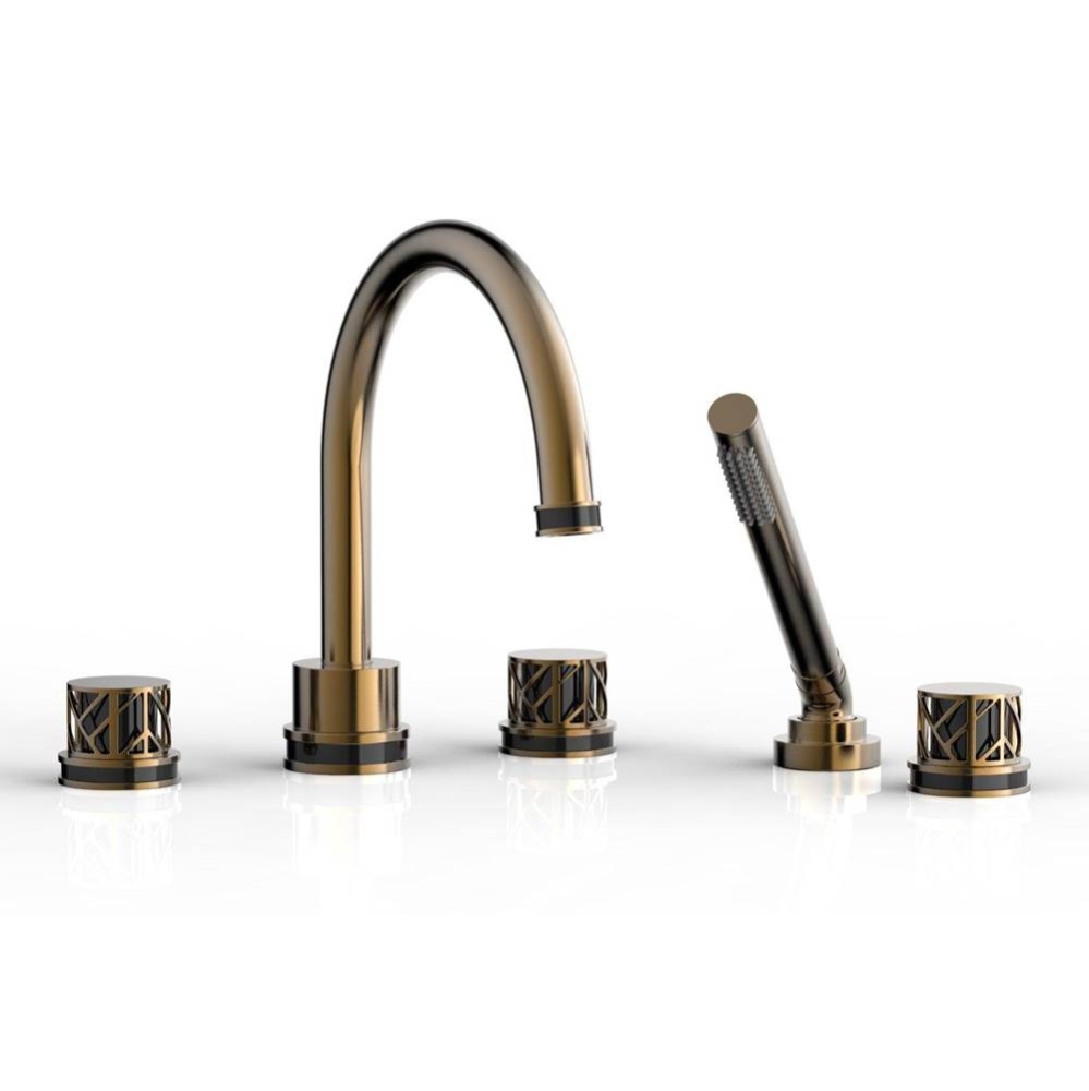 Antique Brass Jolie 5-Hole Deck Tub Filler With Gooseneck Spout, Round Cutaway Handles, And Black