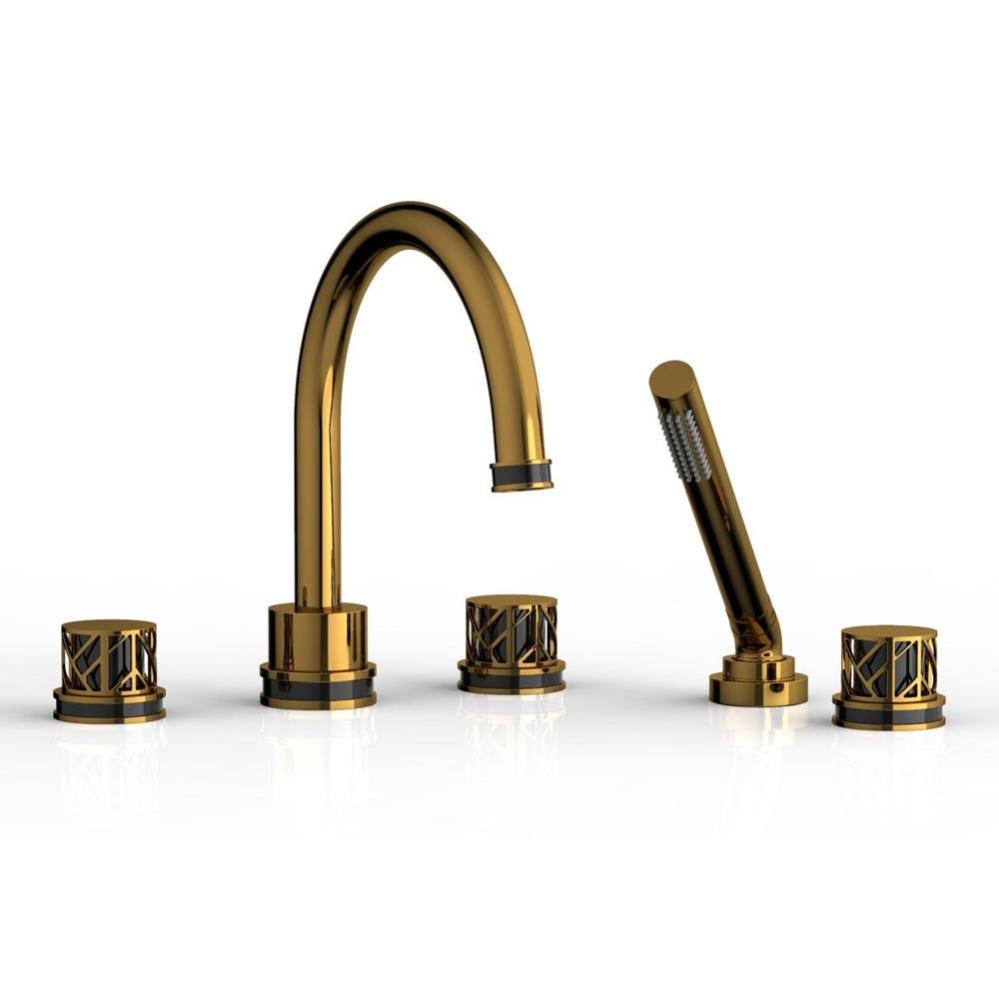 French Brass (Living Finish) Jolie 5-Hole Deck Tub Filler With Gooseneck Spout, Round Cutaway Hand