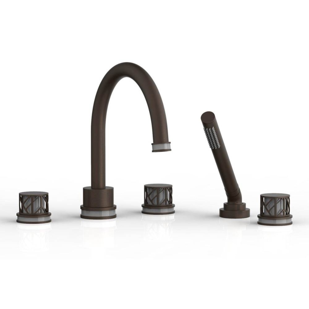 Antique Bronze Jolie 5-Hole Deck Tub Filler With Gooseneck Spout, Round Cutaway Handles, And Grey