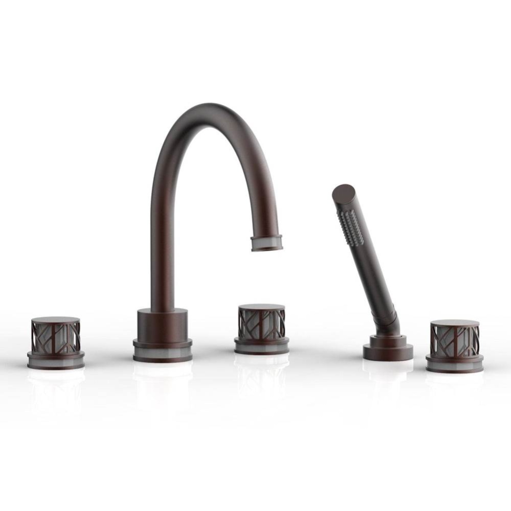 Weathered Copper Jolie 5-Hole Deck Tub Filler With Gooseneck Spout, Round Cutaway Handles, And Gre