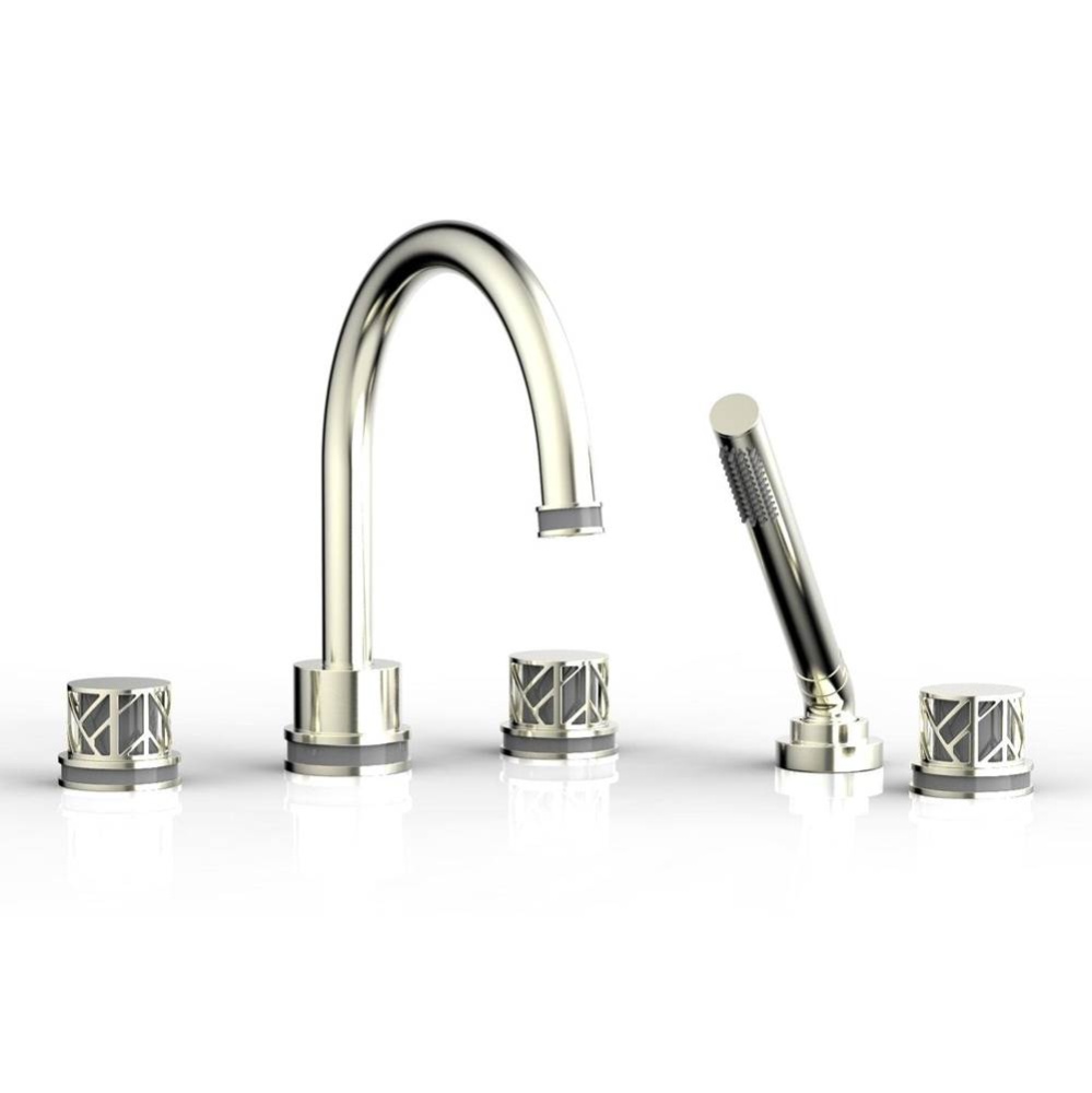 Satin Nickel Jolie 5-Hole Deck Tub Filler With Gooseneck Spout, Round Cutaway Handles, And Grey Ac