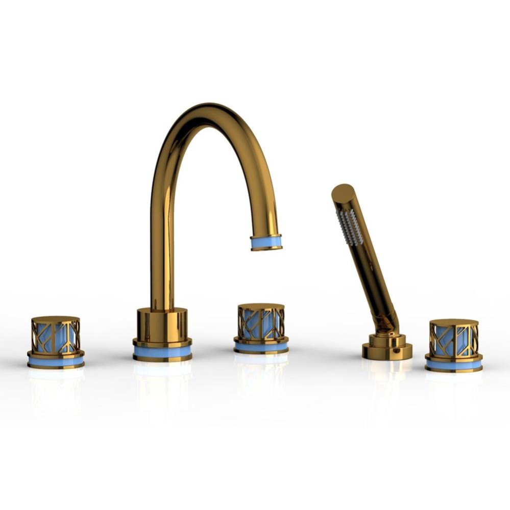 French Brass (Living Finish) Jolie 5-Hole Deck Tub Filler With Gooseneck Spout, Round Cutaway Hand