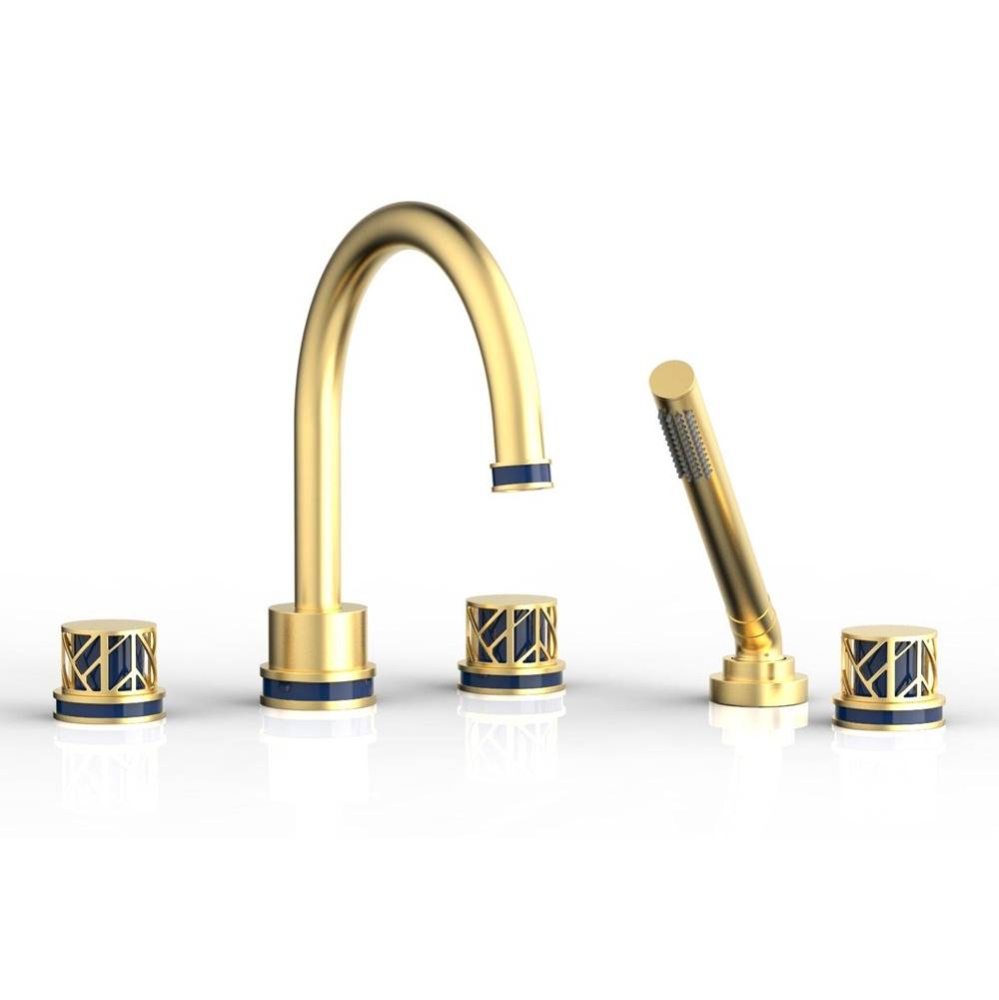 Burnished Gold Jolie 5-Hole Deck Tub Filler With Gooseneck Spout, Round Cutaway Handles, And Navy