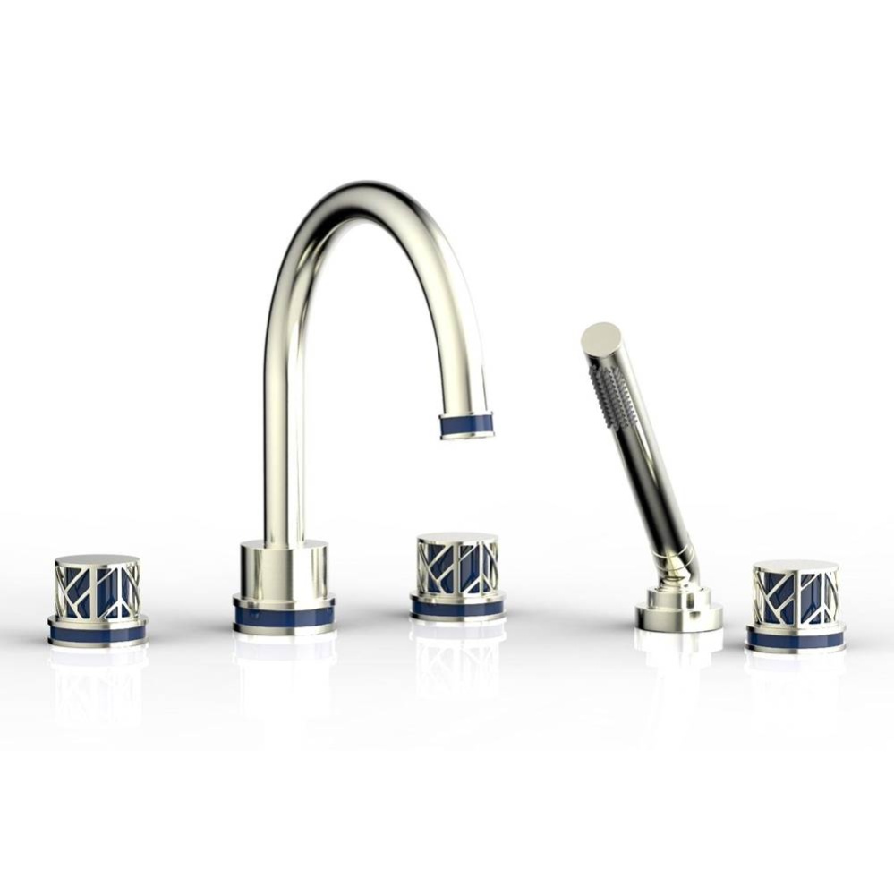 Satin Nickel Jolie 5-Hole Deck Tub Filler With Gooseneck Spout, Round Cutaway Handles, And Navy Bl