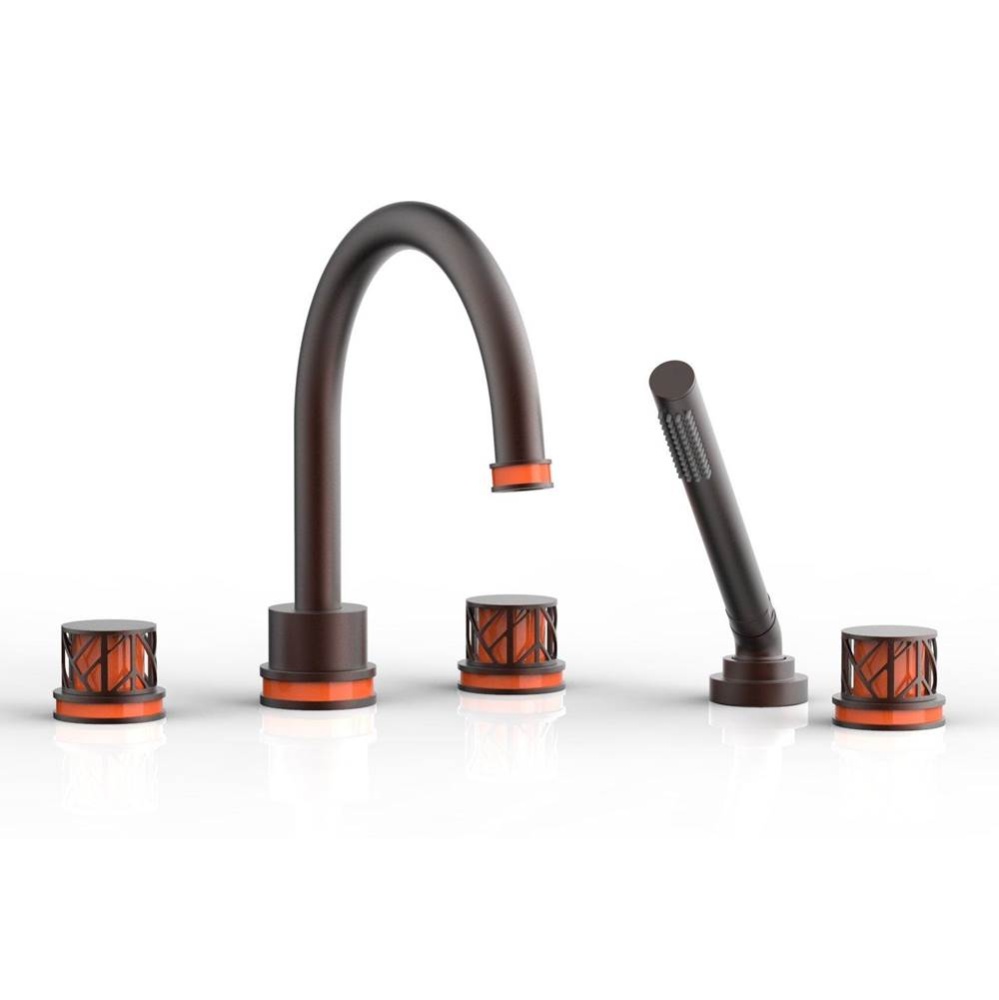 Weathered Copper Jolie 5-Hole Deck Tub Filler With Gooseneck Spout, Round Cutaway Handles, And Ora