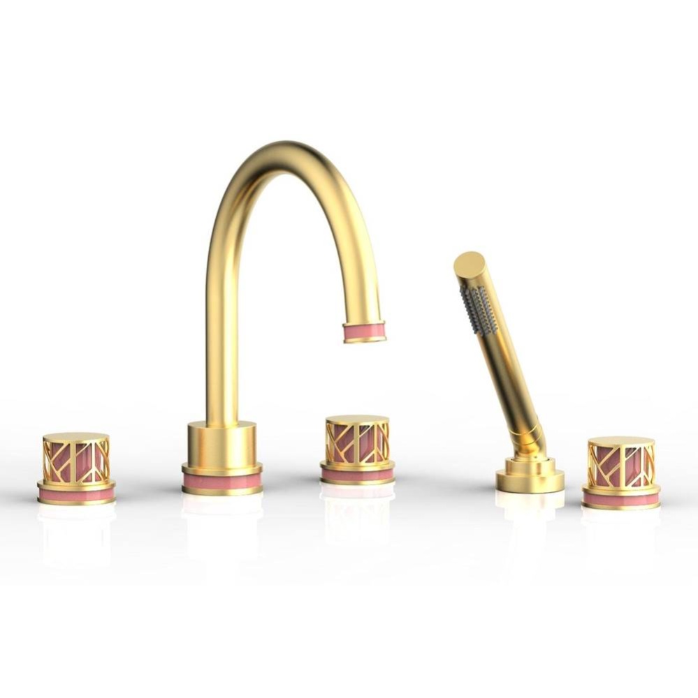 Burnished Gold Jolie 5-Hole Deck Tub Filler With Gooseneck Spout, Round Cutaway Handles, And Pink