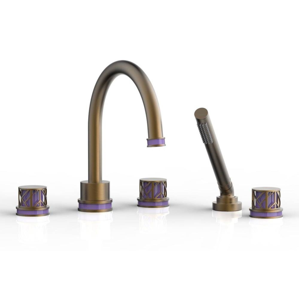 Old English Brass Jolie 5-Hole Deck Tub Filler With Gooseneck Spout, Round Cutaway Handles, And Pu