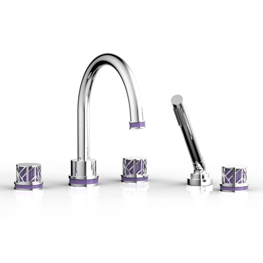 Polished Chrome Jolie 5-Hole Deck Tub Filler With Gooseneck Spout, Round Cutaway Handles, And Purp