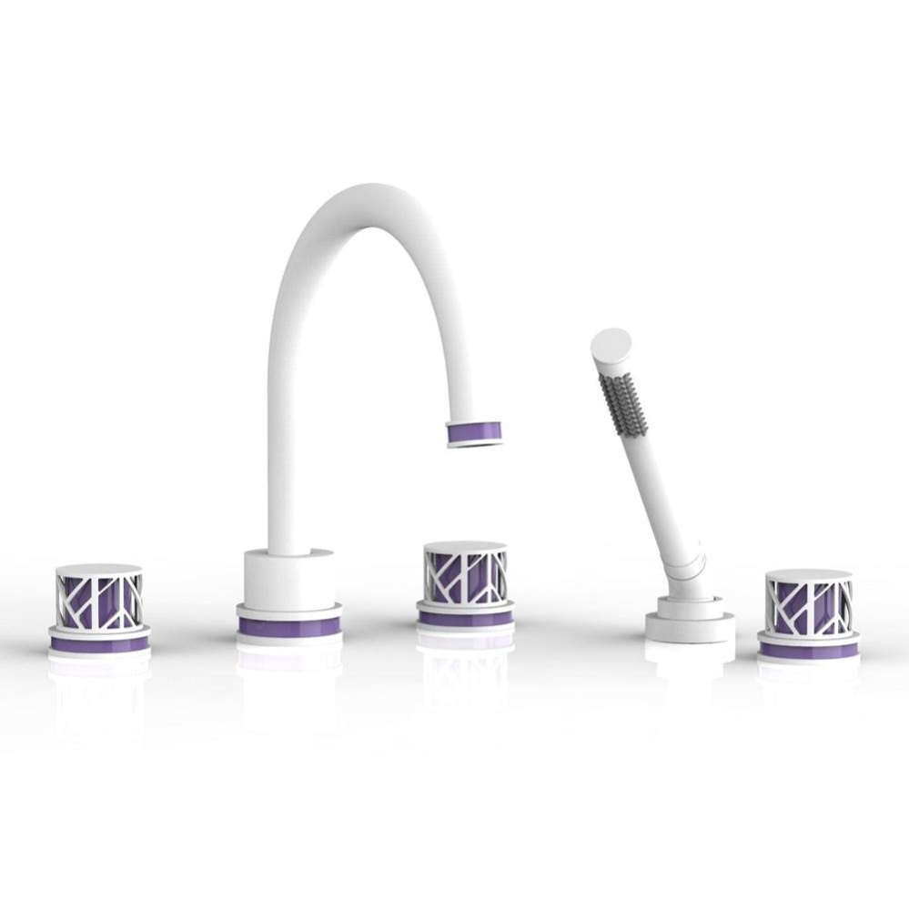 Satin White Jolie 5-Hole Deck Tub Filler With Gooseneck Spout, Round Cutaway Handles, And Purple A