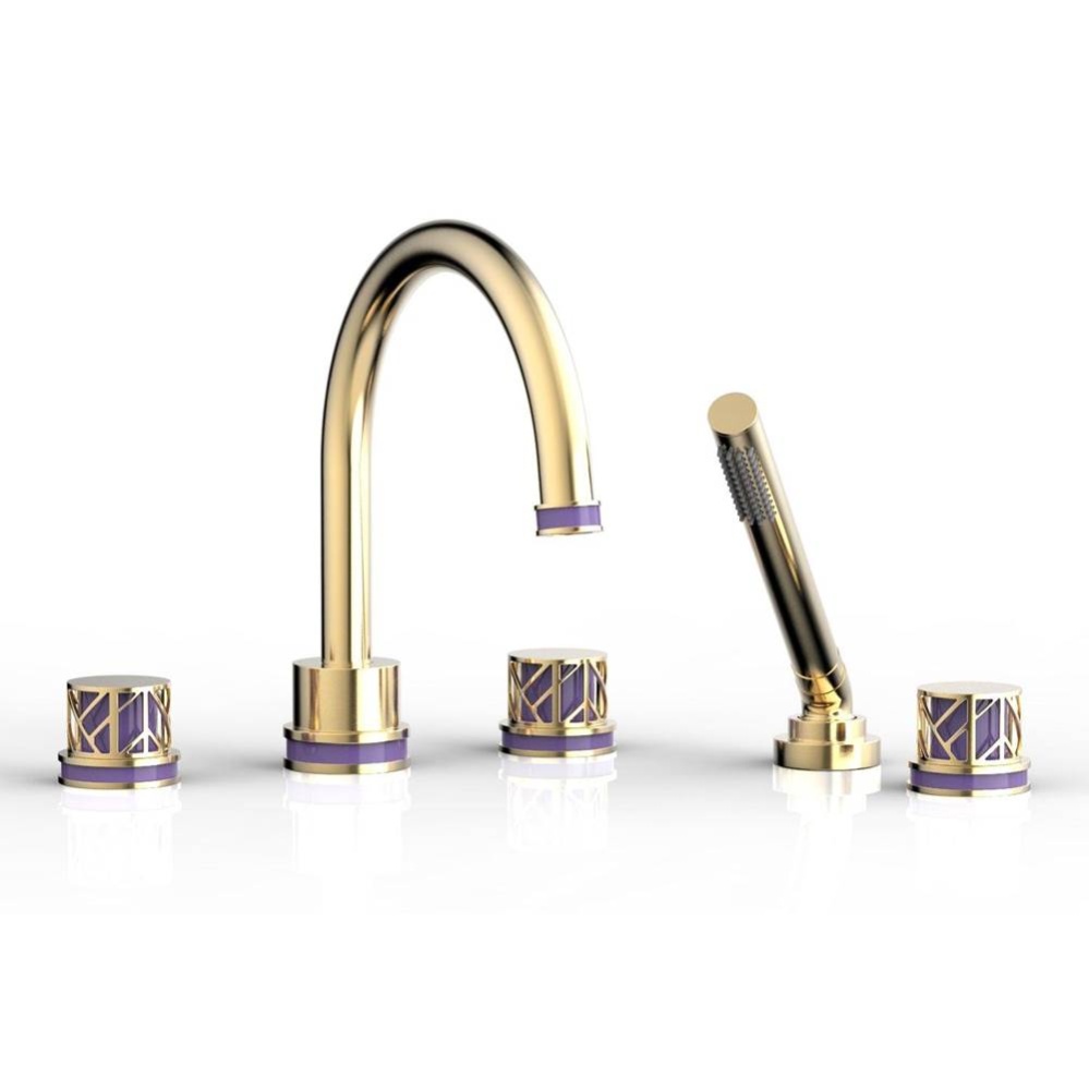 Satin Brass Jolie 5-Hole Deck Tub Filler With Gooseneck Spout, Round Cutaway Handles, And Purple A