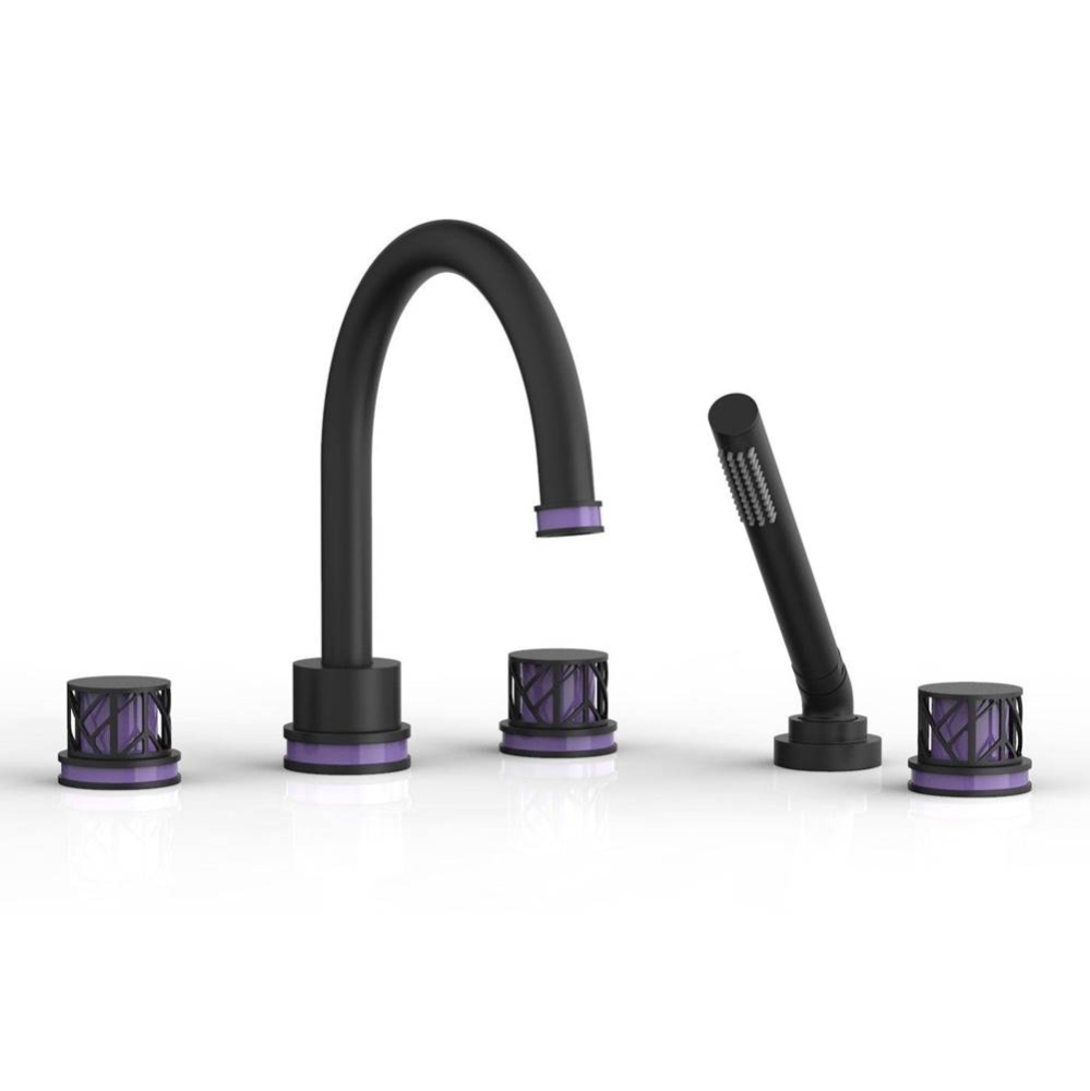 Matte Black Jolie 5-Hole Deck Tub Filler With Gooseneck Spout, Round Cutaway Handles, And Purple A