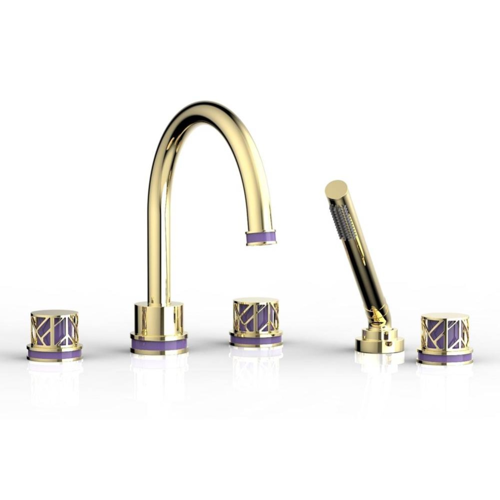 Polished Brass Jolie 5-Hole Deck Tub Filler With Gooseneck Spout, Round Cutaway Handles, And Purpl