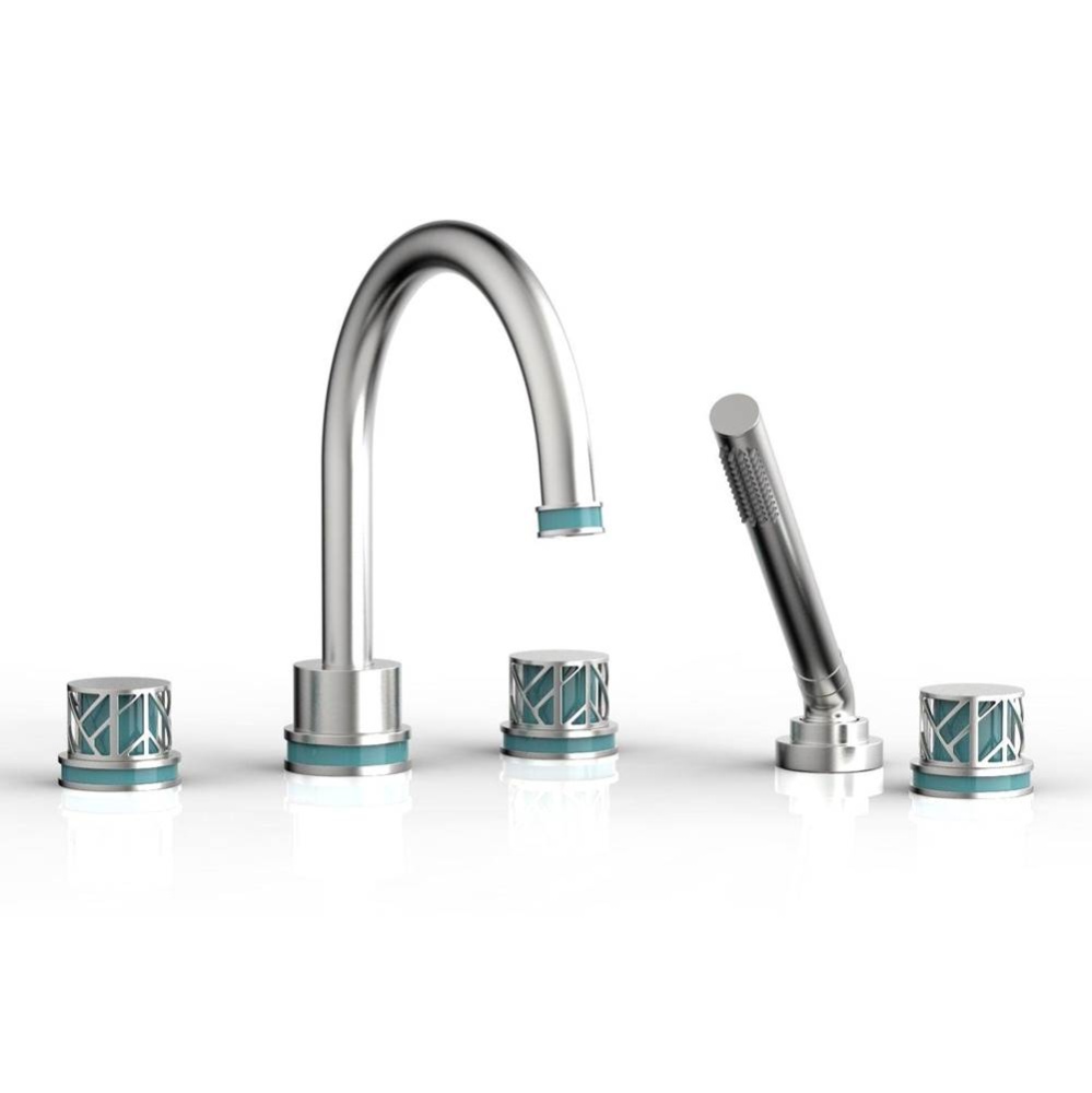 Satin Chrome Jolie 5-Hole Deck Tub Filler With Gooseneck Spout, Round Cutaway Handles, And Turquoi