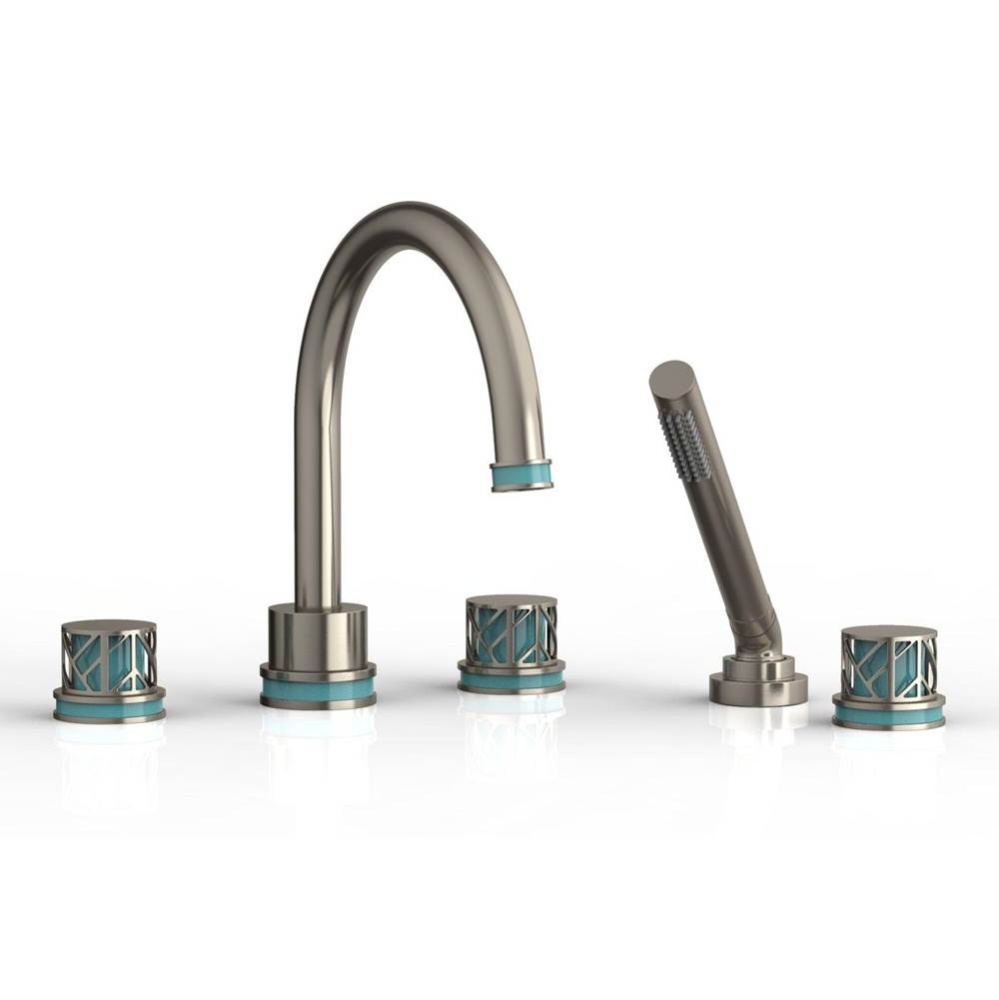 Pewter Jolie 5-Hole Deck Tub Filler With Gooseneck Spout, Round Cutaway Handles, And Turquoise Acc