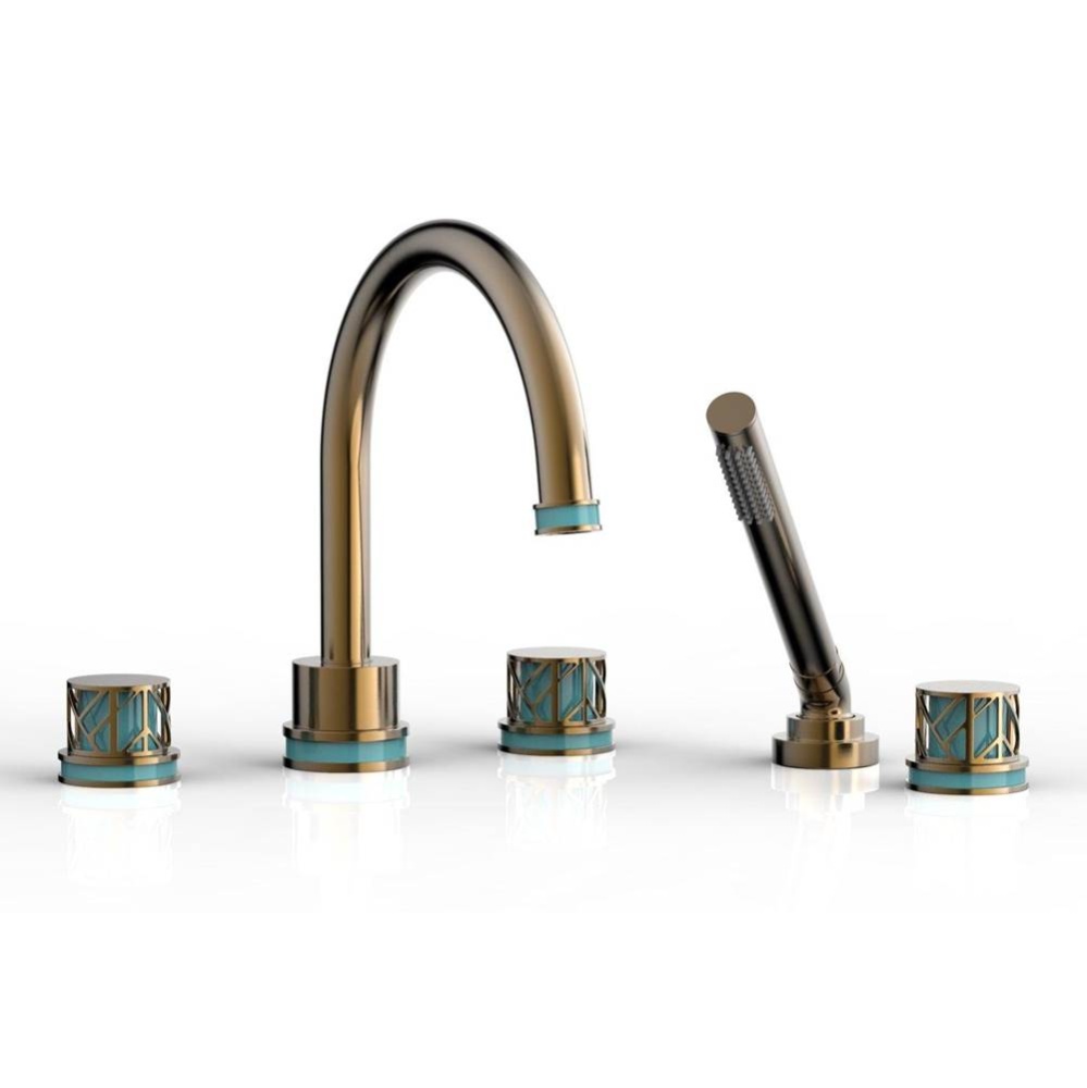 Antique Brass Jolie 5-Hole Deck Tub Filler With Gooseneck Spout, Round Cutaway Handles, And Turquo
