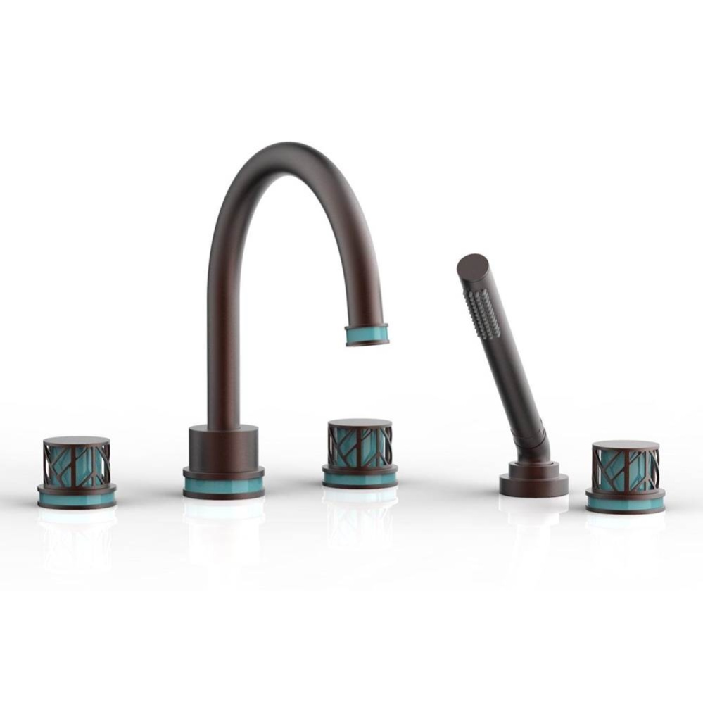 Weathered Copper Jolie 5-Hole Deck Tub Filler With Gooseneck Spout, Round Cutaway Handles, And Tur