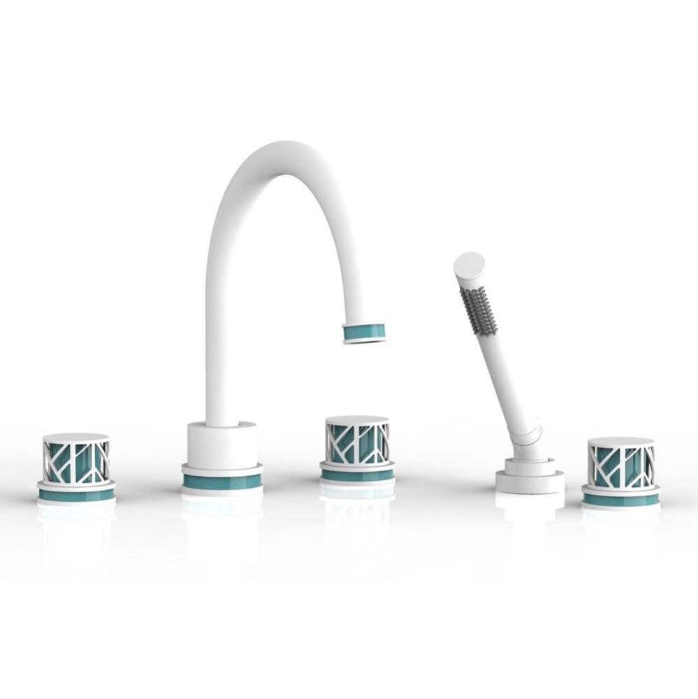 Satin White Jolie 5-Hole Deck Tub Filler With Gooseneck Spout, Round Cutaway Handles, And Turquois