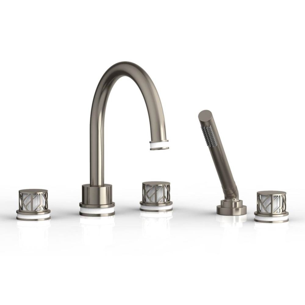 Pewter Jolie 5-Hole Deck Tub Filler With Gooseneck Spout, Round Cutaway Handles, And Gloss White A