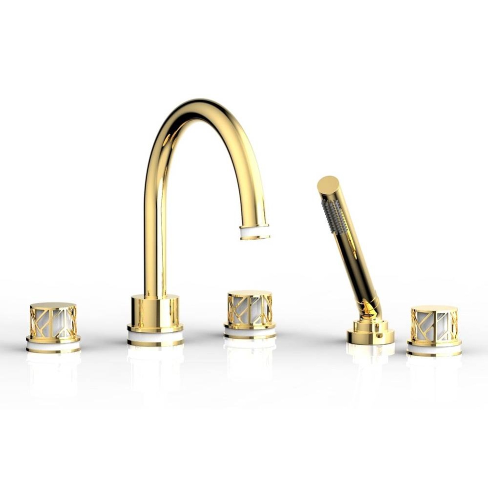 Polished Gold Jolie 5-Hole Deck Tub Filler With Gooseneck Spout, Round Cutaway Handles, And Gloss