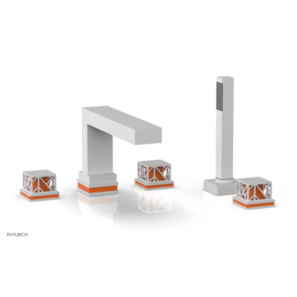 Satin White Jolie 5-Hole Deck Tub Filler With Rectangular Spout, Square Cutaway Handles, And Orang