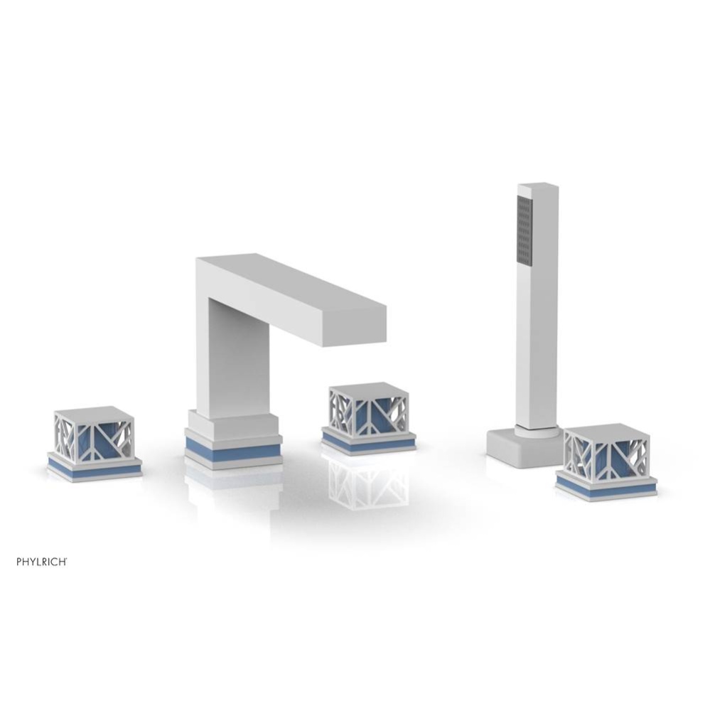 Satin White Jolie 5-Hole Deck Tub Filler With Rectangular Spout, Square Cutaway Handles, And Light