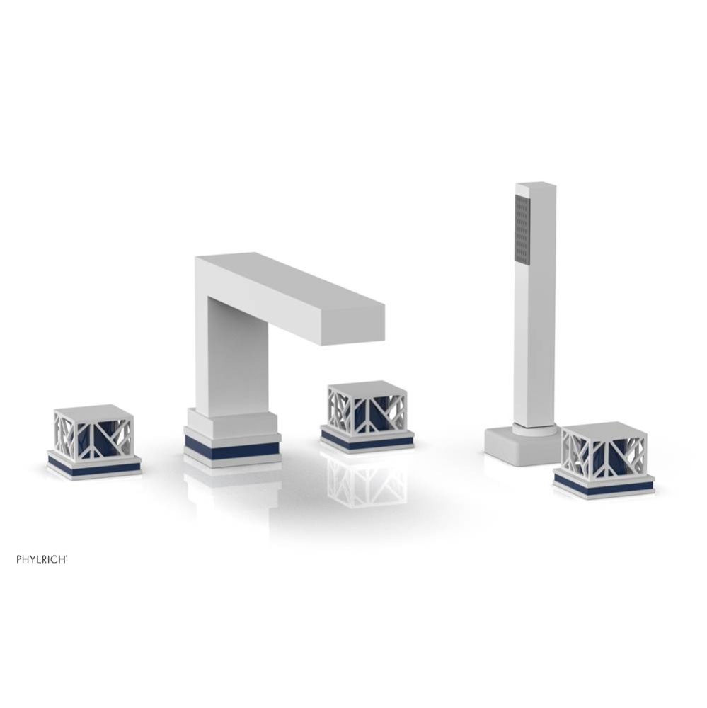 Satin White Jolie 5-Hole Deck Tub Filler With Rectangular Spout, Square Cutaway Handles, And Navy