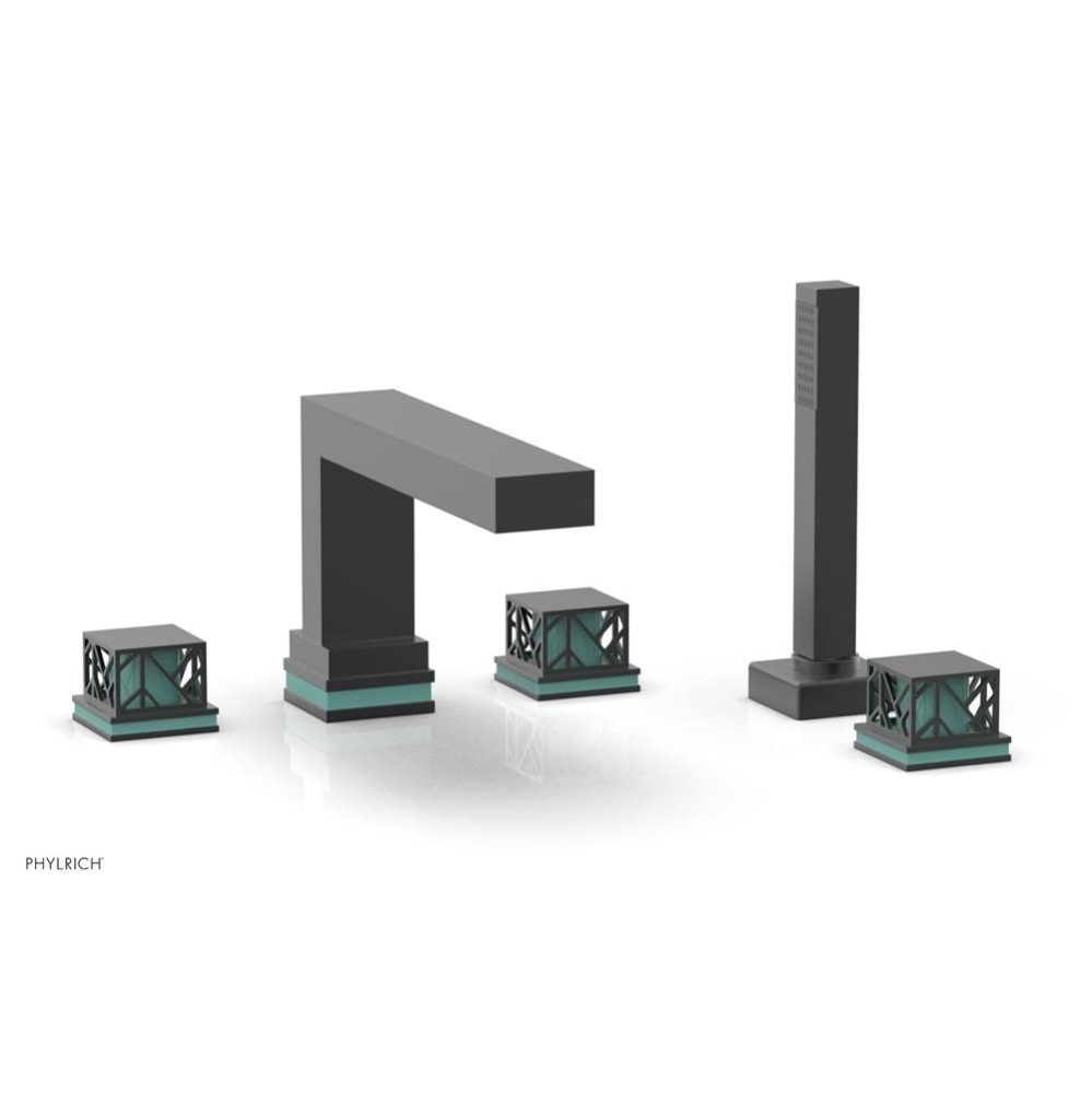 Gunmetal Gray Jolie 5-Hole Deck Tub Filler With Rectangular Spout, Square Cutaway Handles, And Tur