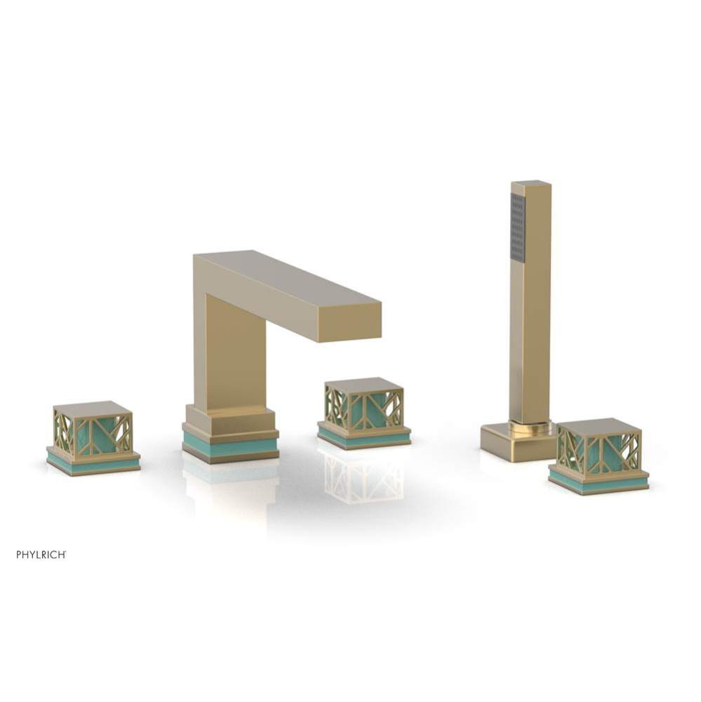Satin Brass Jolie 5-Hole Deck Tub Filler With Rectangular Spout, Square Cutaway Handles, And Turqu