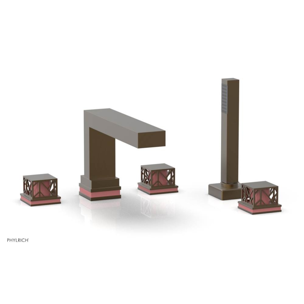 Old English Brass Jolie 5-Hole Deck Tub Filler With Rectangular Spout, Square Cutaway Handles, And