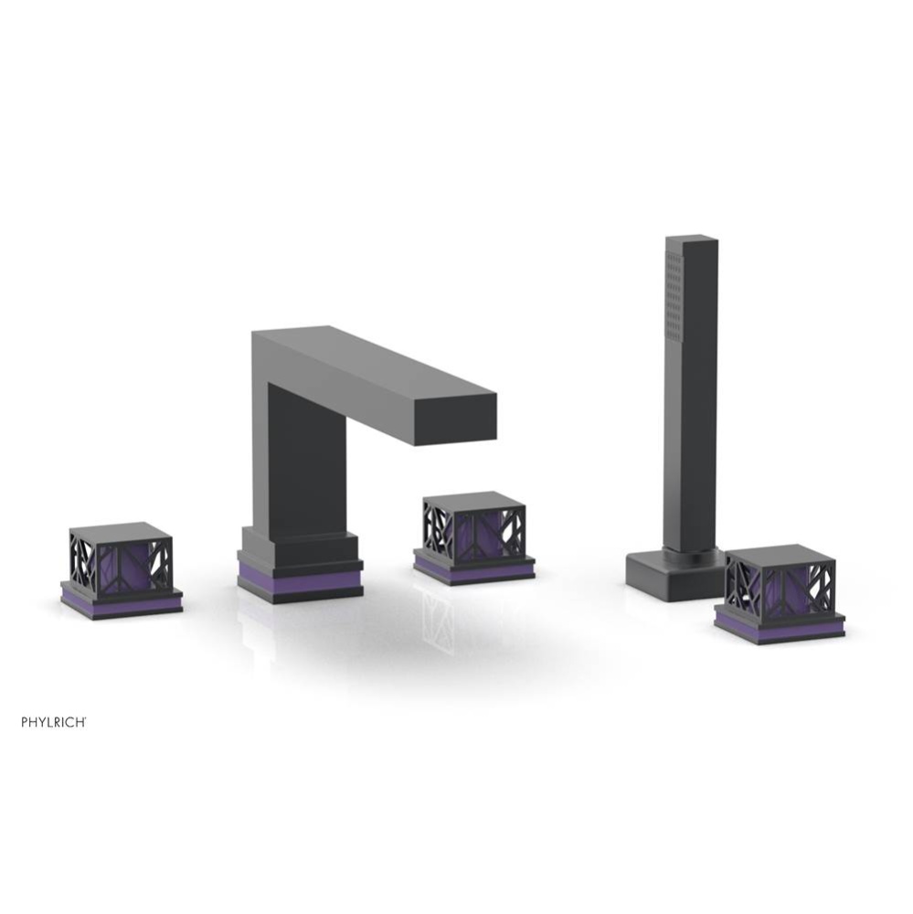 Gunmetal Gray Jolie 5-Hole Deck Tub Filler With Rectangular Spout, Square Cutaway Handles, And Pur