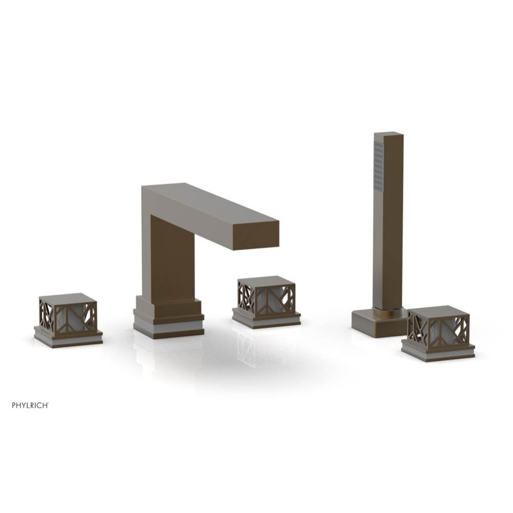 Old English Brass Jolie 5-Hole Deck Tub Filler With Rectangular Spout, Square Cutaway Handles, And