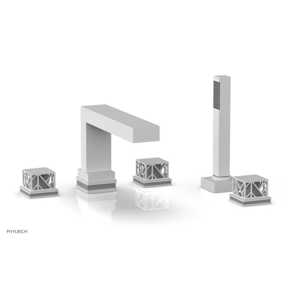 Satin White Jolie 5-Hole Deck Tub Filler With Rectangular Spout, Square Cutaway Handles, And Grey