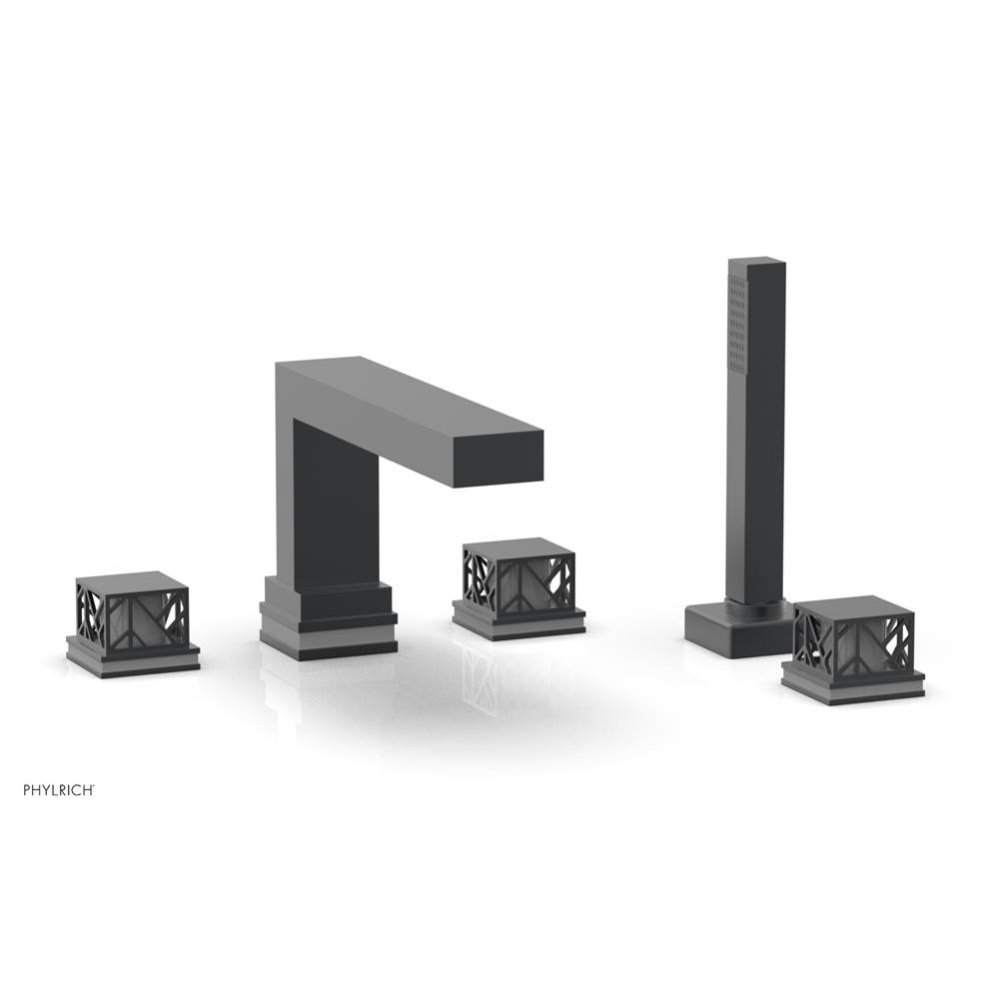 Gunmetal Gray Jolie 5-Hole Deck Tub Filler With Rectangular Spout, Square Cutaway Handles, And Gre