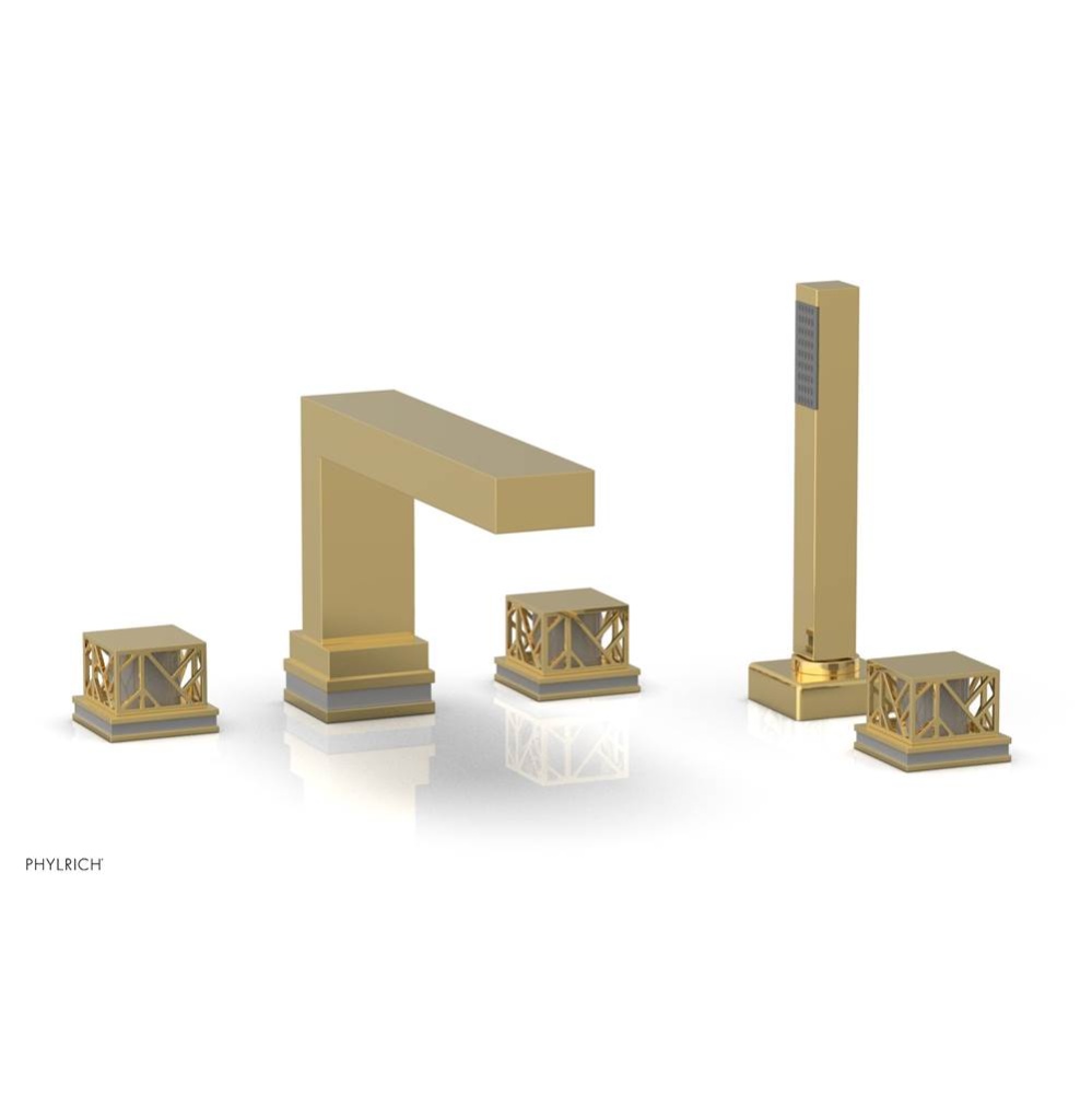 Polished Gold Jolie 5-Hole Deck Tub Filler With Rectangular Spout, Square Cutaway Handles, And Gre