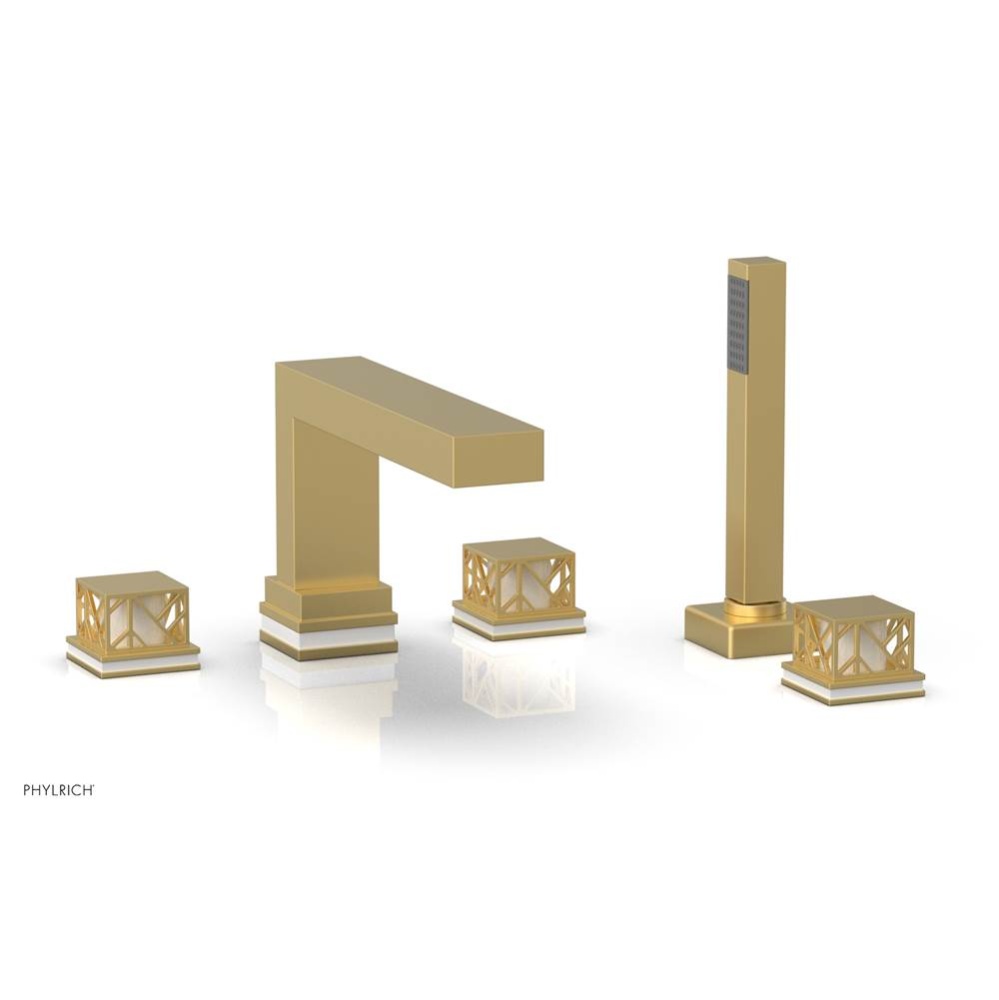 Burnished Gold Jolie 5-Hole Deck Tub Filler With Rectangular Spout, Square Cutaway Handles, And Gl