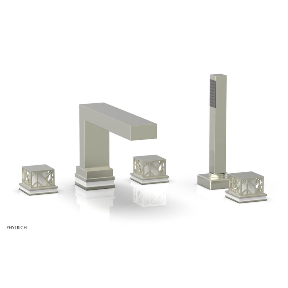 Satin Nickel Jolie 5-Hole Deck Tub Filler With Rectangular Spout, Square Cutaway Handles, And Glos