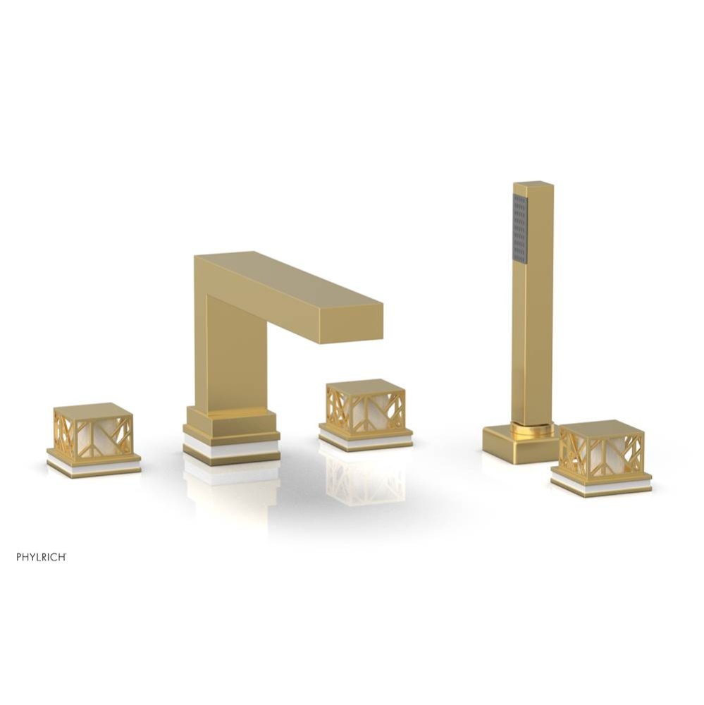 Satin Gold Jolie 5-Hole Deck Tub Filler With Rectangular Spout, Square Cutaway Handles, And Gloss