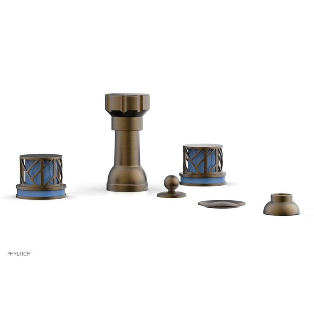 Old English Brass Jolie Four Hole Bidet Set With Spout, Round Cutaway Handles, And Light Blue Acce