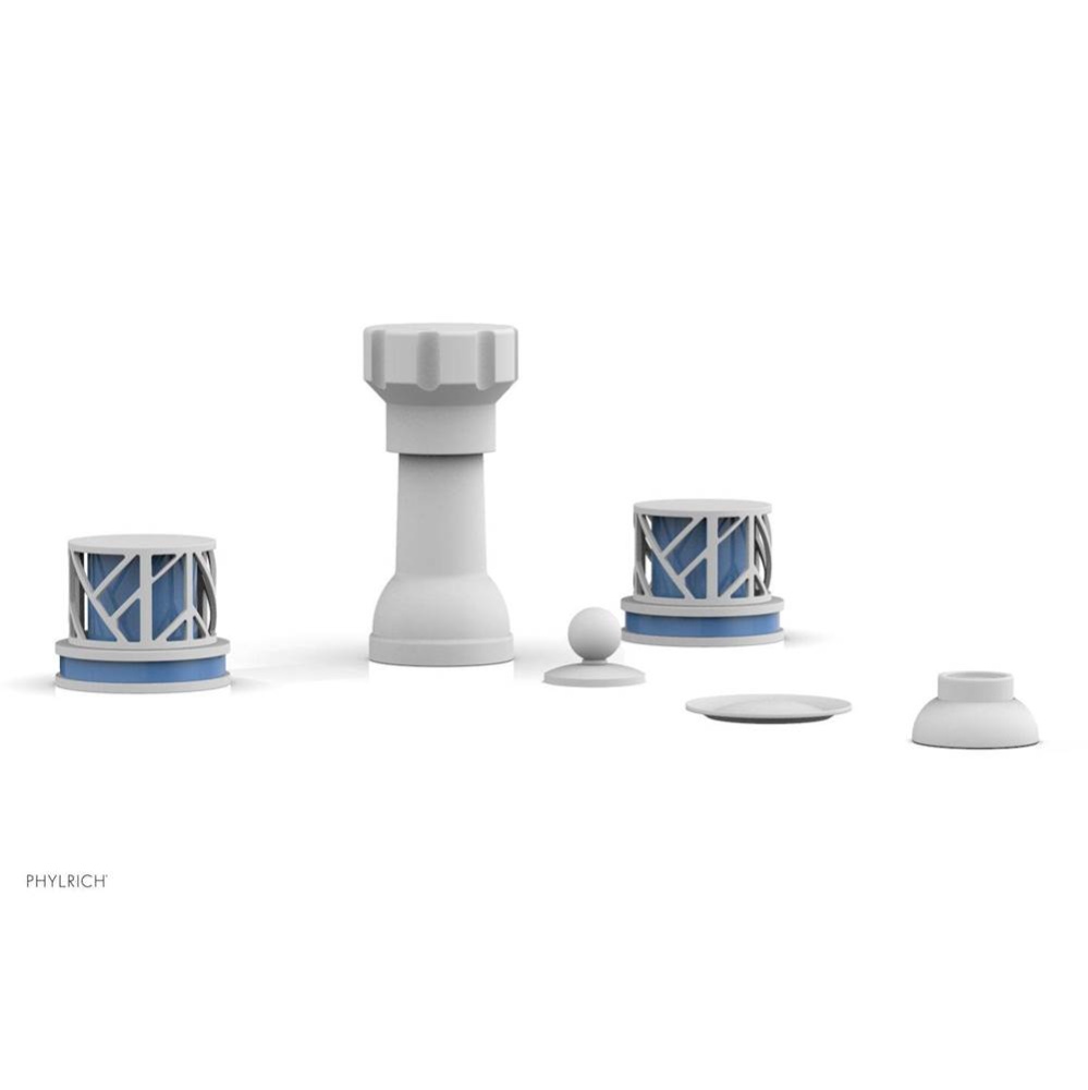 Satin White Jolie Four Hole Bidet Set With Spout, Round Cutaway Handles, And Light Blue Accents